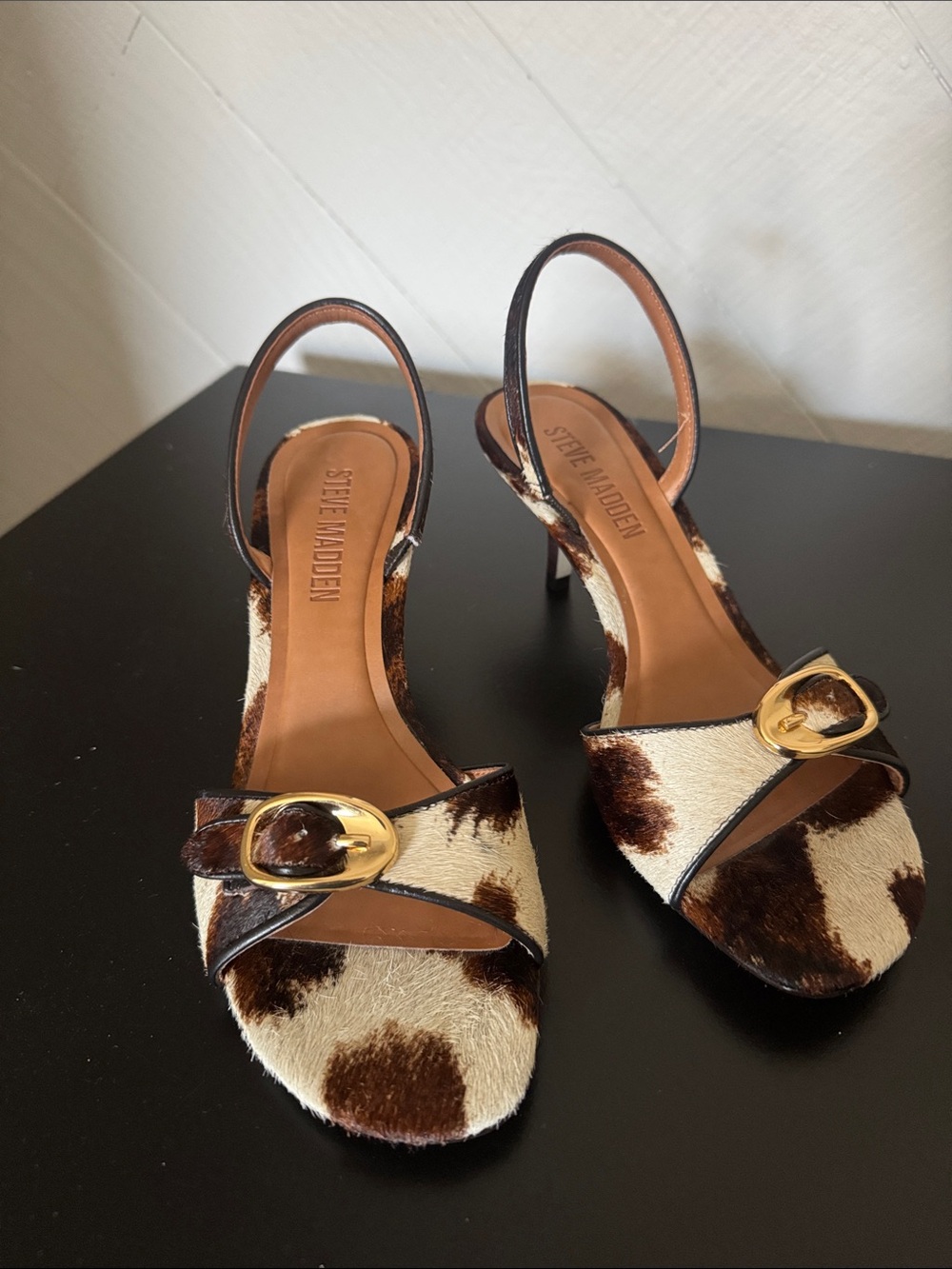 Steve Madden Brown and White Cow Print Slingback Heels with Gold Buckle
